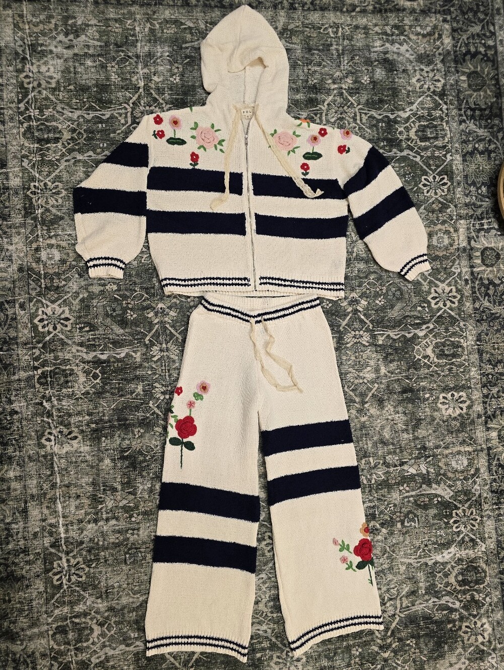 POL Chenille Navy Stripped 3D Embroidered Hoodie & Jogger Set - Picture 7 of 16